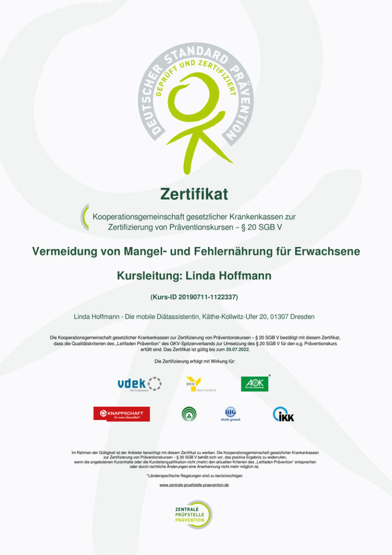 Zertifikat ZPP Vermeidung von Mangel- und Fehlernährung für Erwachsene Linda Hoffmann deine mobile Ernährungstherapeutin in Dresden